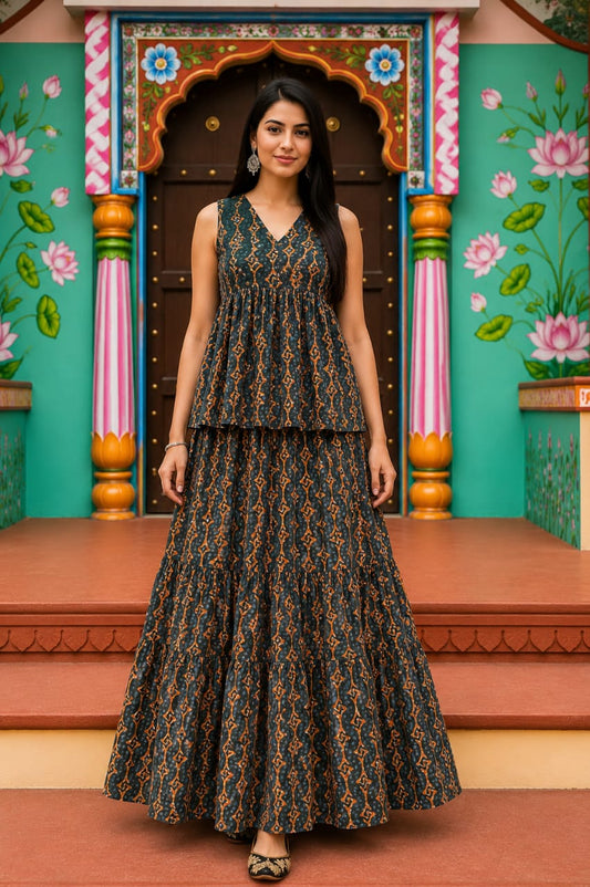 Aravalli · Bagru Hand-Block Cotton Pepulam Top & Skirt