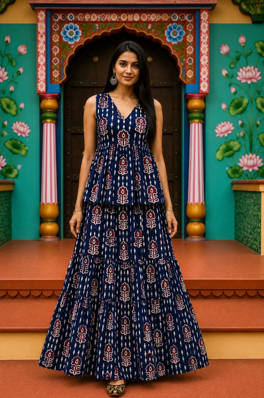 Bel Bagru hand-block cotton pepulam top and skirt set