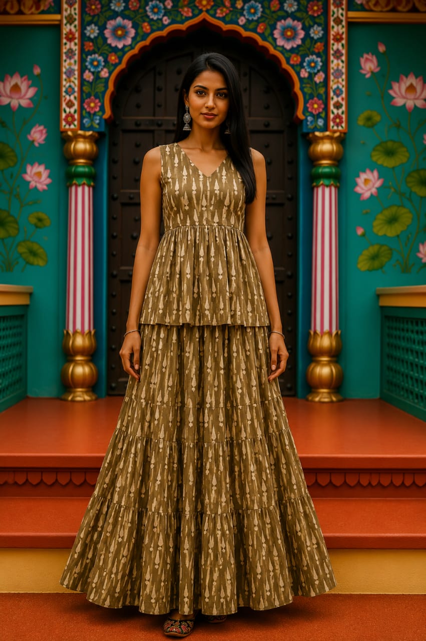 Bhumi Bagru hand-block cotton pepulam top and skirt set