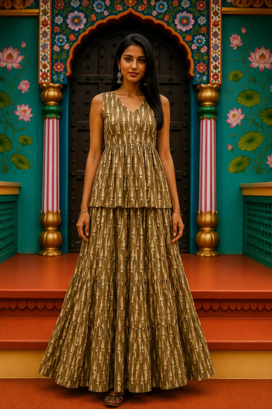 Bhumi Bagru hand-block cotton pepulam top and skirt set