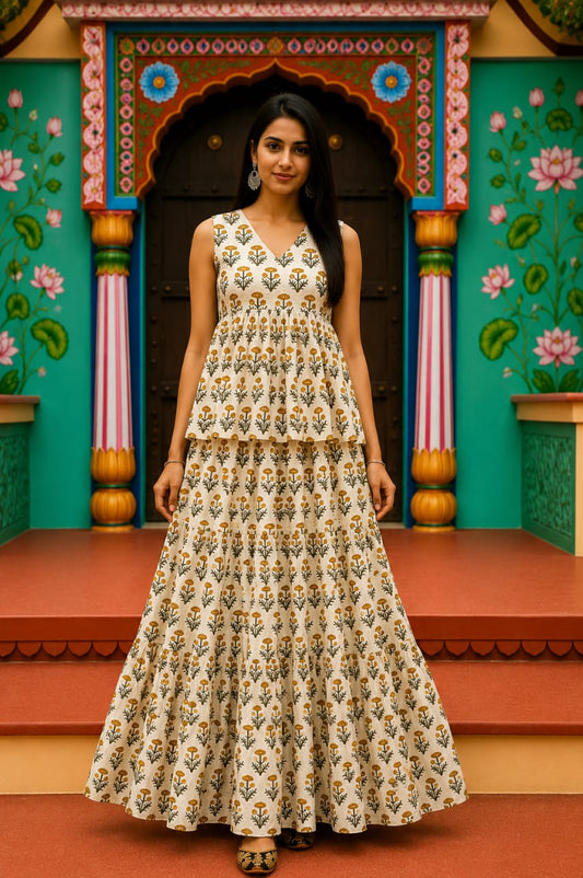 Champa Bagru hand-block cotton pepulam top and skirt set
