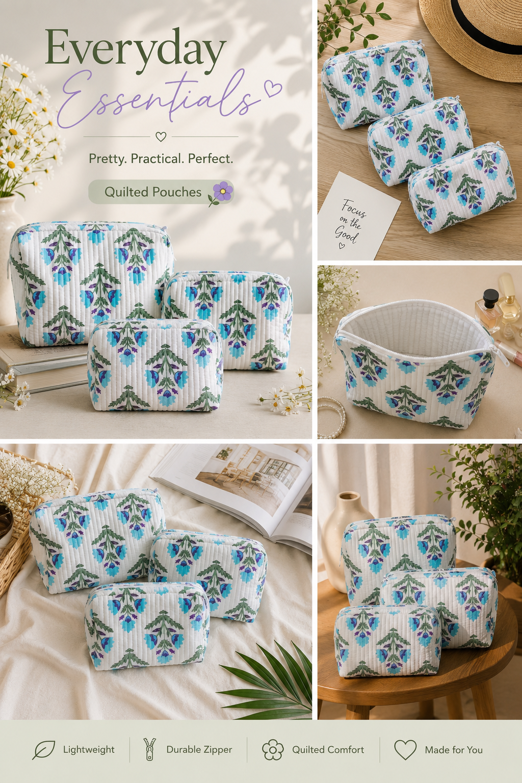 Beautiful Floral Set of 3 Pouches