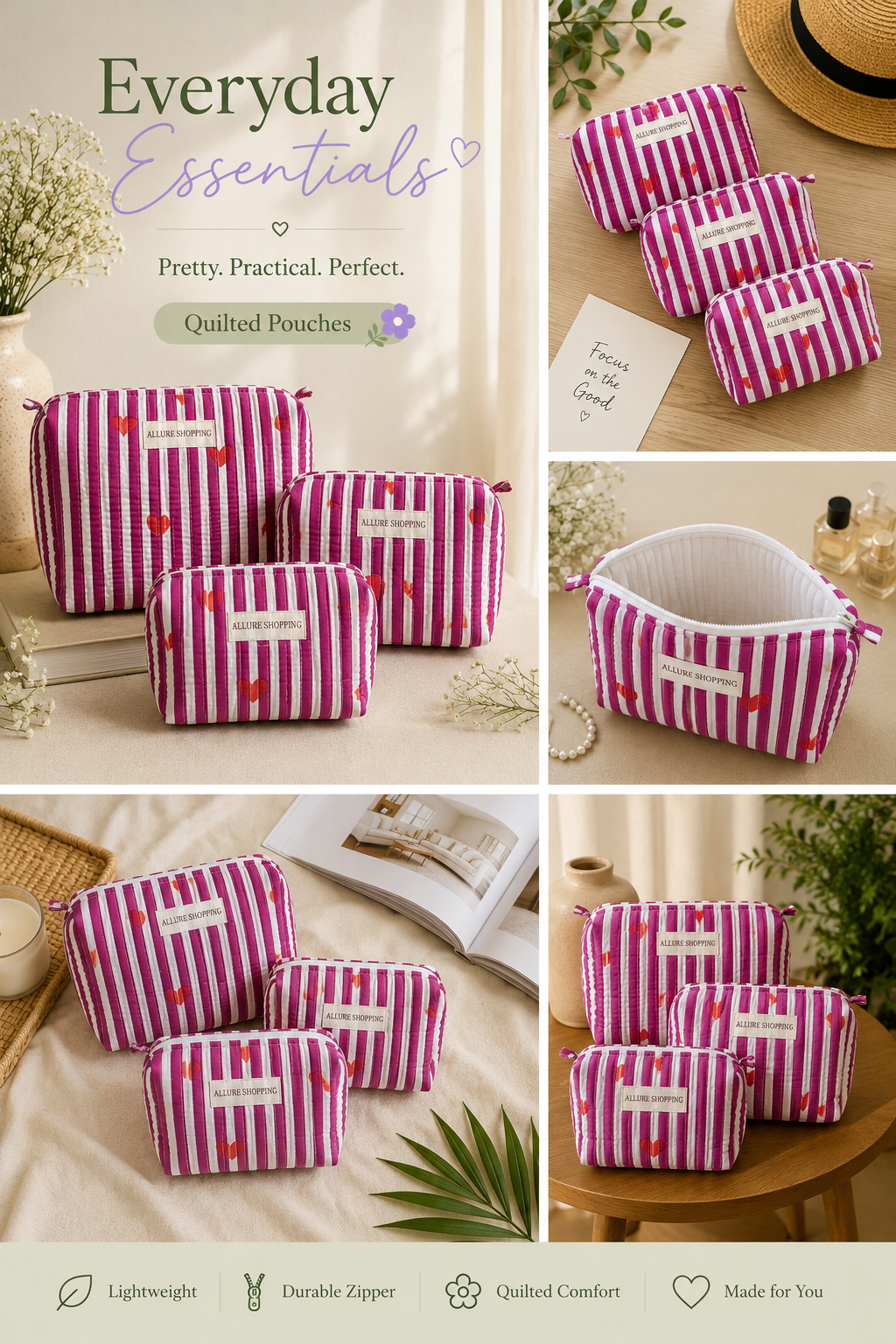 Pink & White Set of 3 Pouches