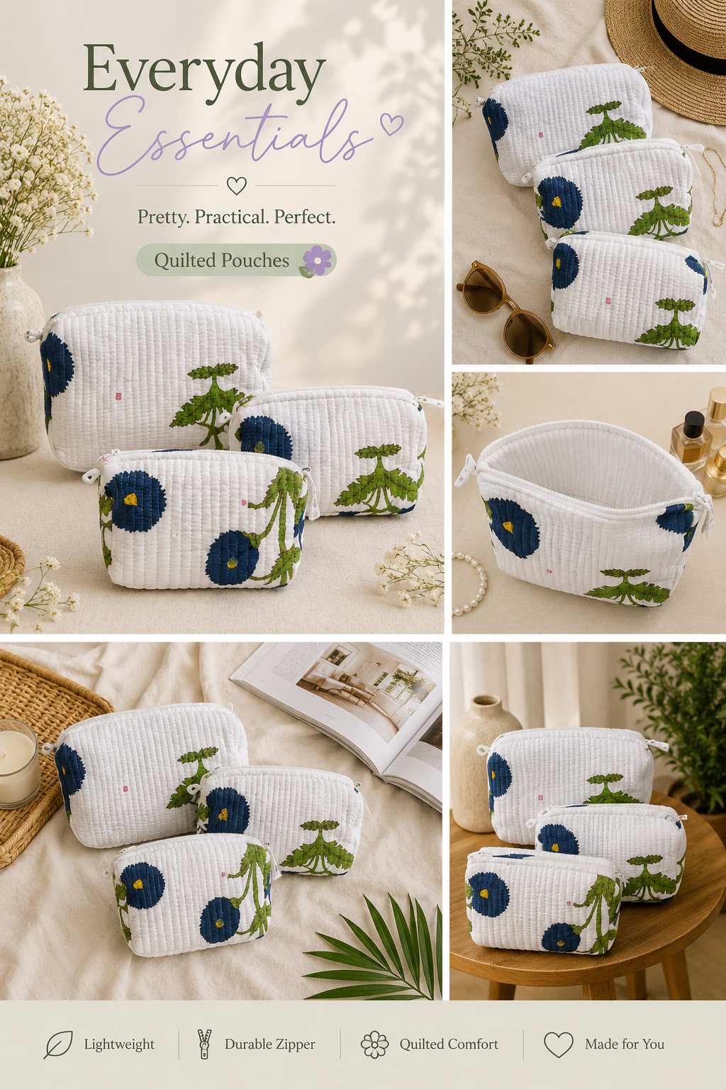 White and Blue Set of 3 Pouches