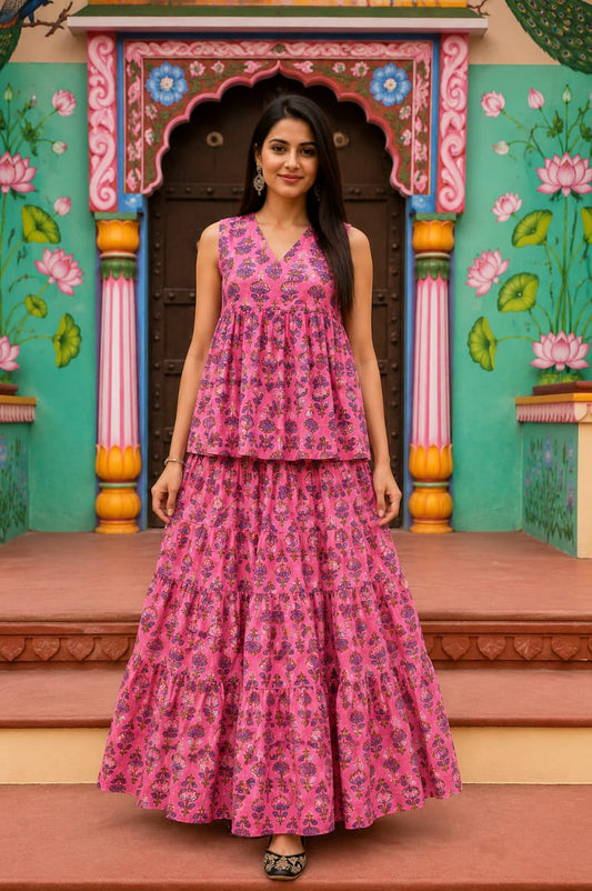 Gulaal Bagru hand-block cotton pepulam top and skirt set