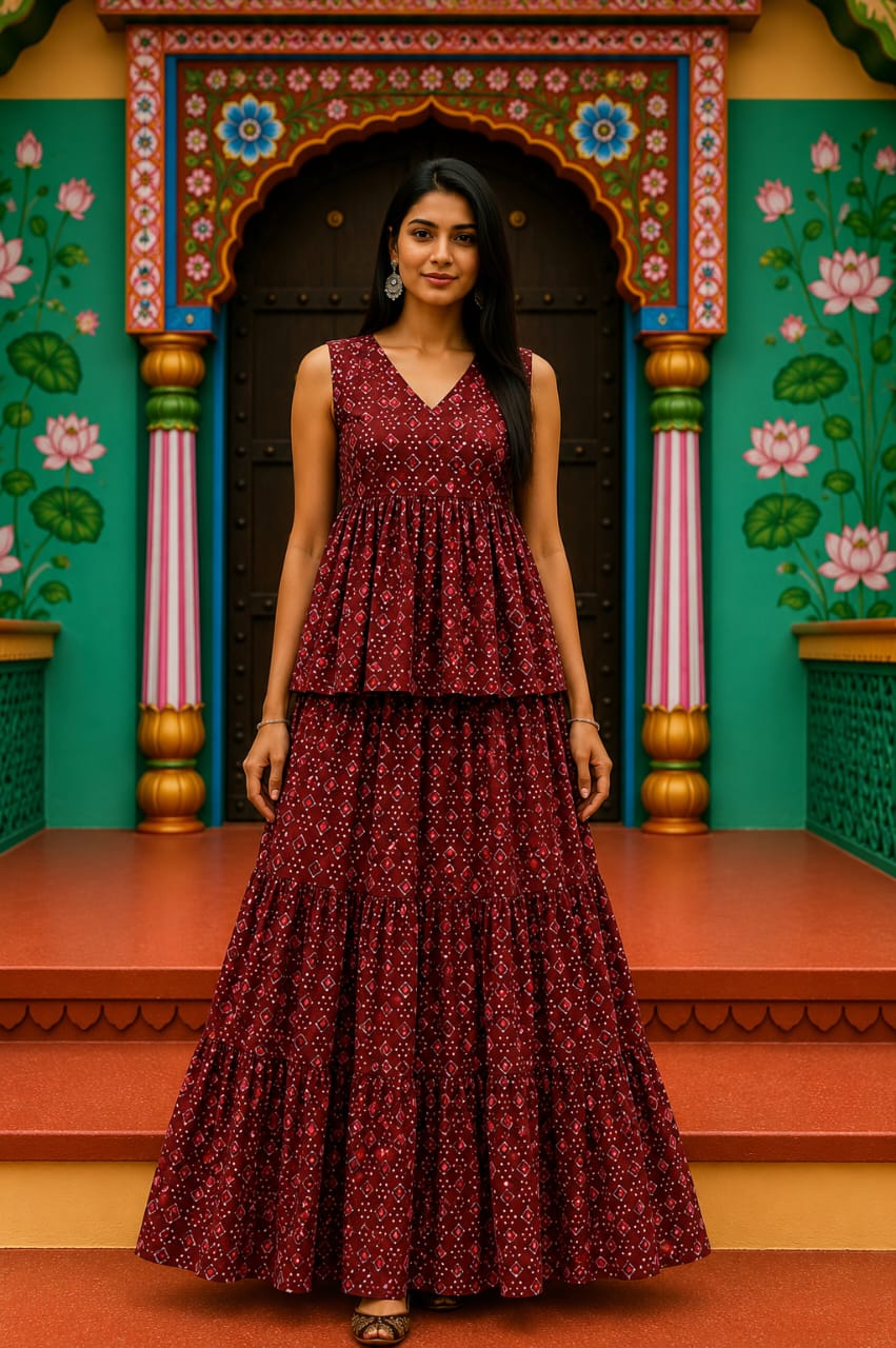 Gulnaar Bagru hand-block cotton pepulam top and skirt set