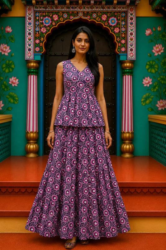 Gulnaaz Bagru hand-block cotton pepulam top and skirt set