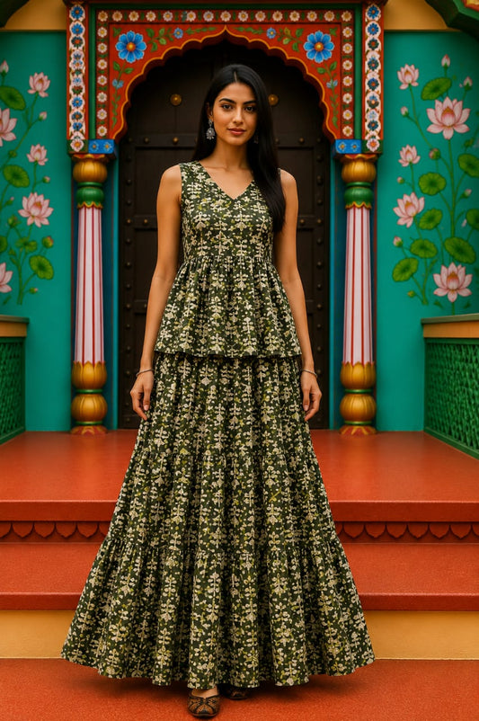 Hariyali · Bagru Hand-Block Cotton Pepulam Top & Skirt