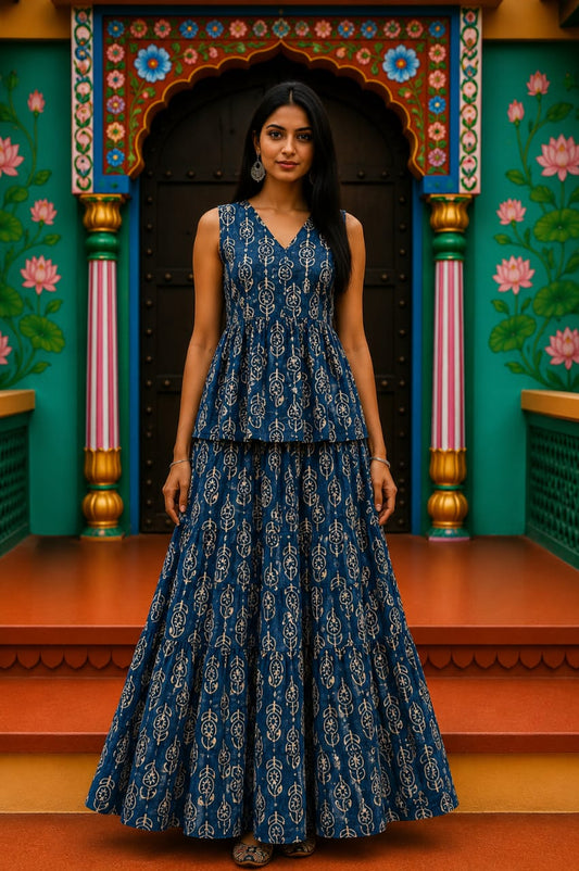Indrani Bagru hand-block cotton pepulam top and skirt set