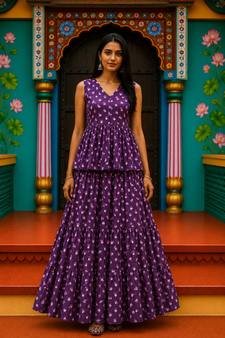 Jamuni Bagru hand-block cotton pepulam top and skirt set