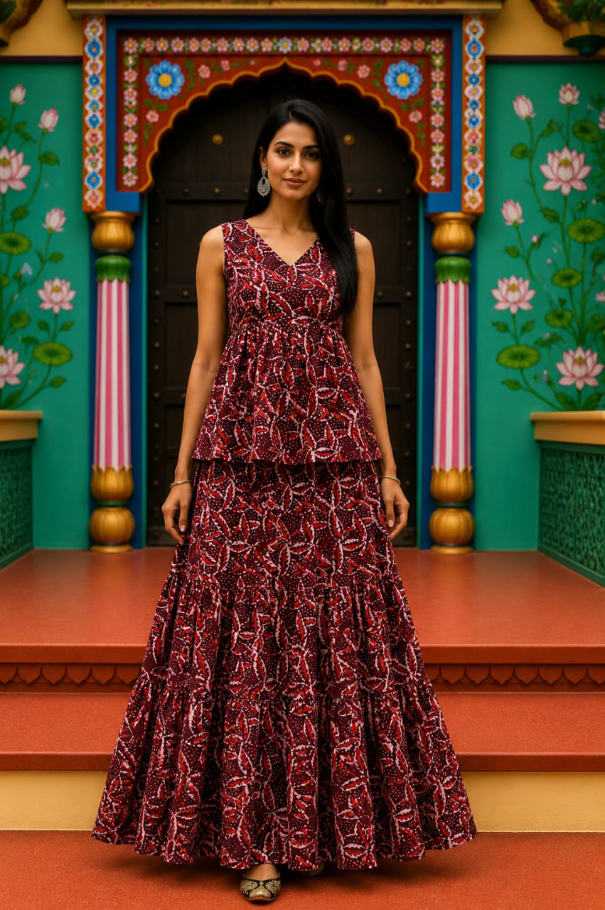 Lalita Bagru hand-block cotton pepulam top and skirt set