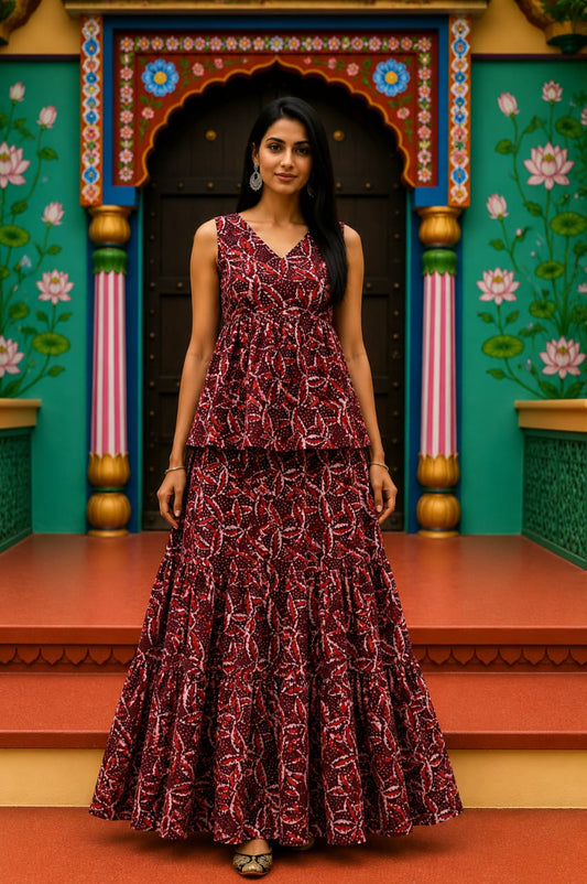 Lalita Bagru hand-block cotton pepulam top and skirt set