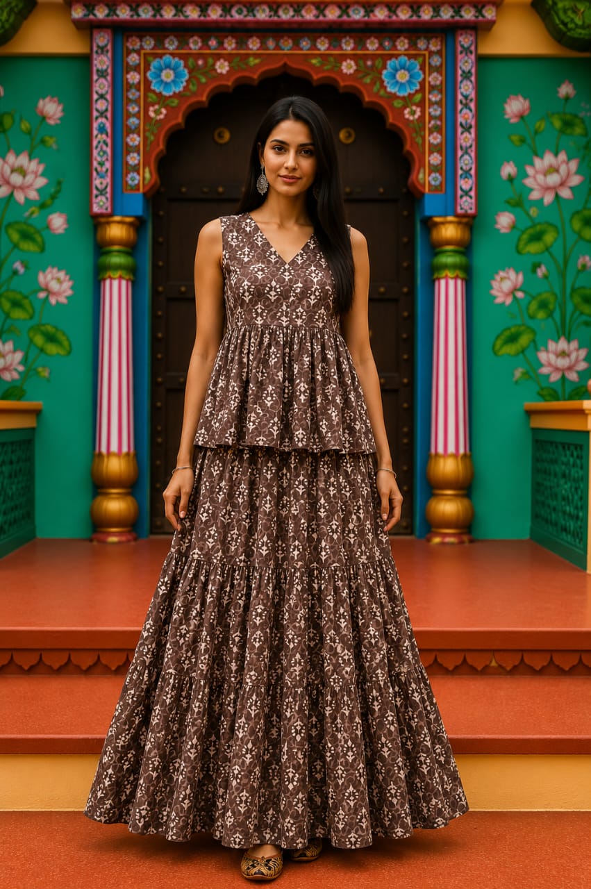 Maati Bagru hand-block cotton pepulam top and skirt set