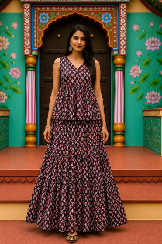 Madhumati Bagru hand-block cotton pepulam top and skirt set