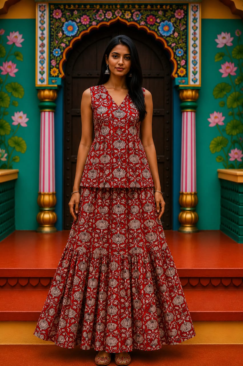 Madhuri Bagru hand-block cotton pepulam top and skirt set
