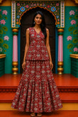 Madhuri Bagru hand-block cotton pepulam top and skirt set