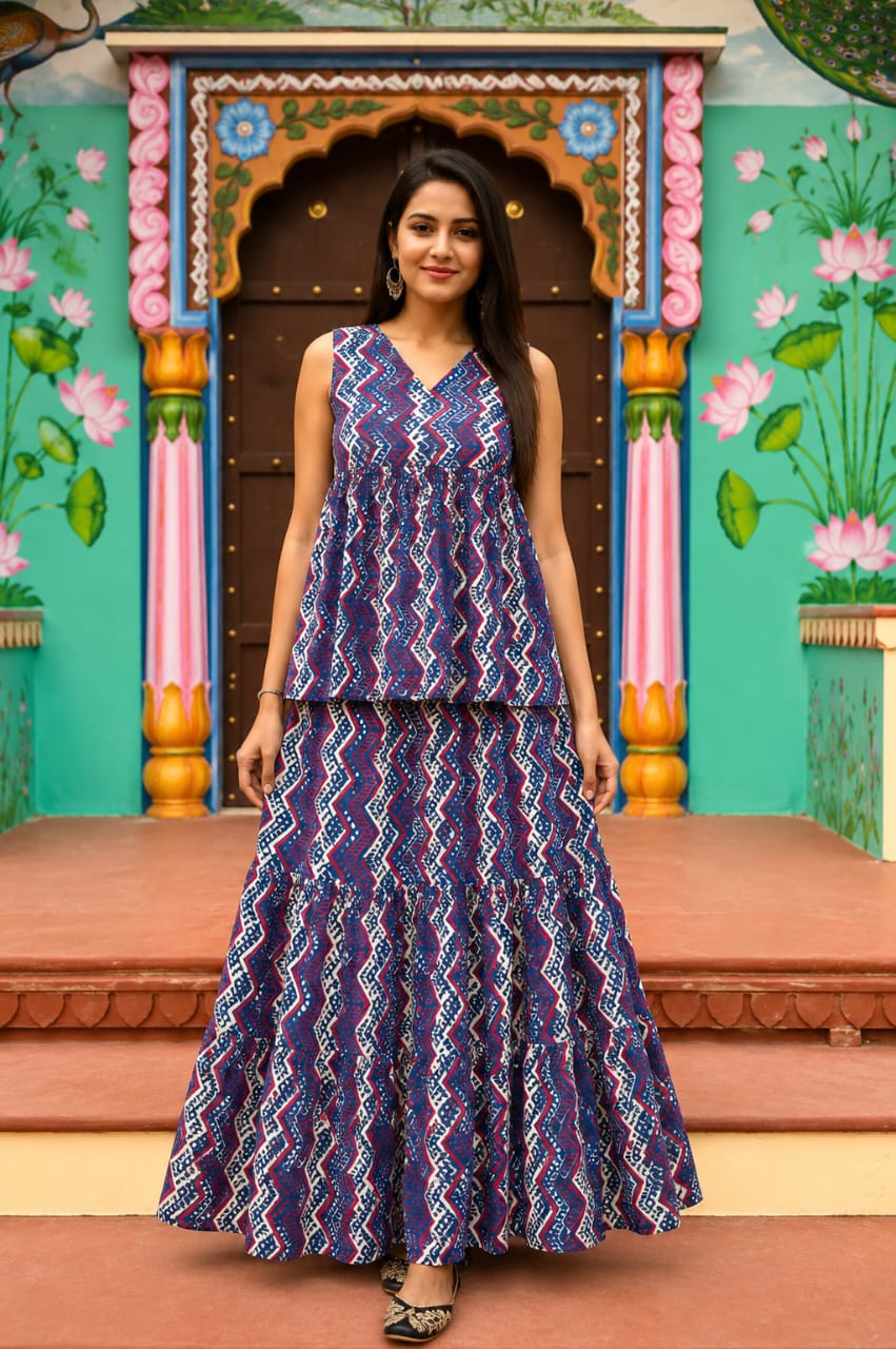 Madhushala Bagru hand-block cotton pepulam top and skirt set