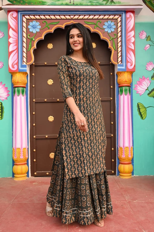 Mayur — hand-block cotton skirt and kurti set, front view