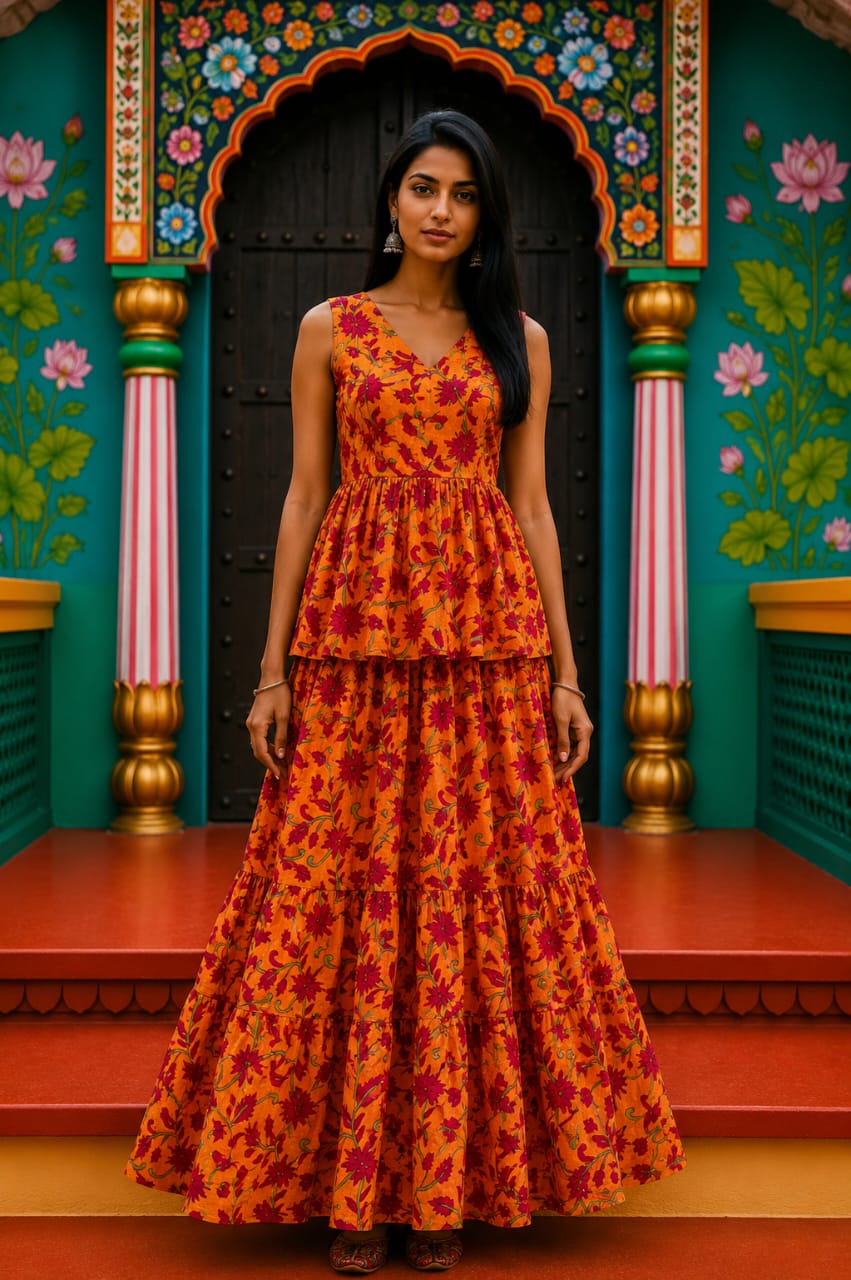 Narangi Bagru hand-block cotton pepulam top and skirt set