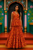 Narangi Bagru hand-block cotton pepulam top and skirt set
