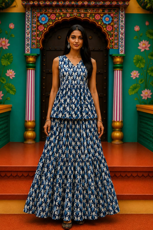 Patli Bagru hand-block cotton pepulam top and skirt set