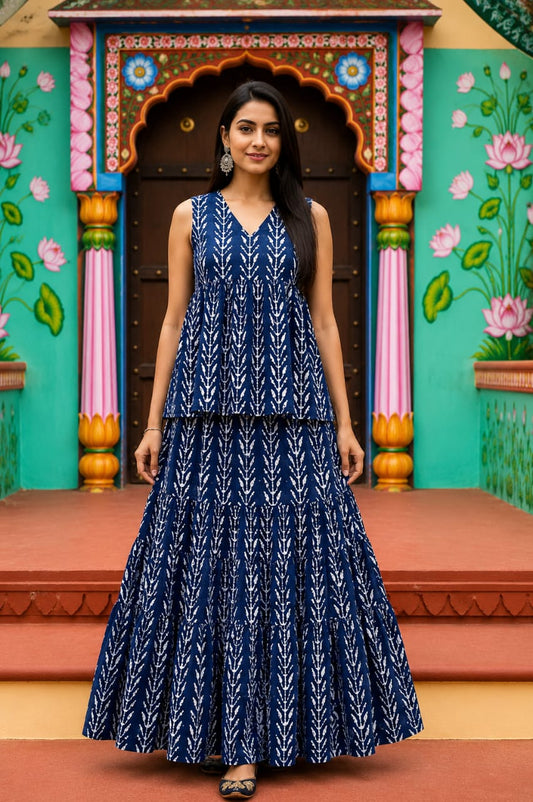 Patta Bel Bagru hand-block cotton pepulam top and skirt set