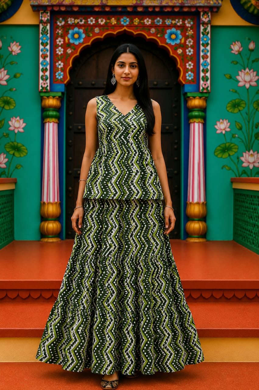 Pawan Bagru hand-block cotton pepulam top and skirt set