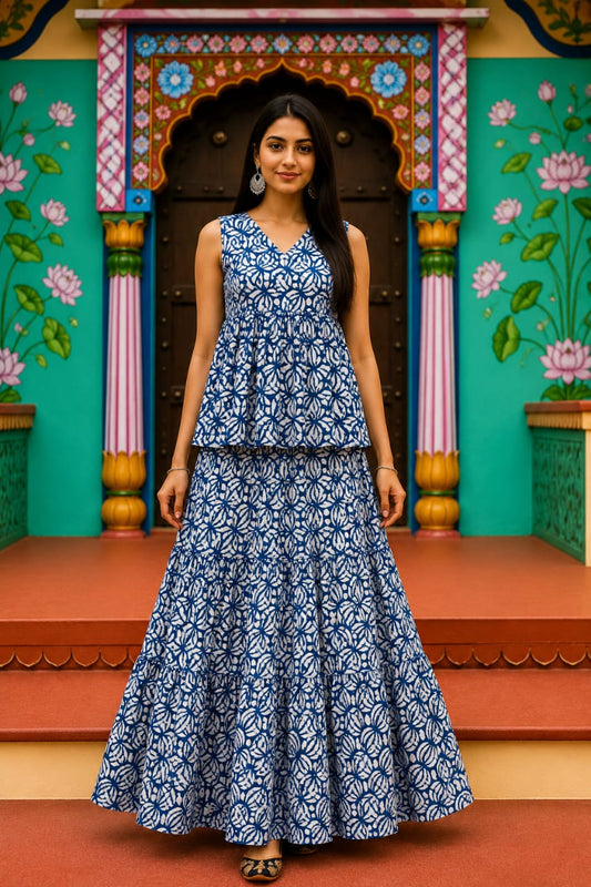 Phulwari Bagru hand-block cotton pepulam top and skirt set