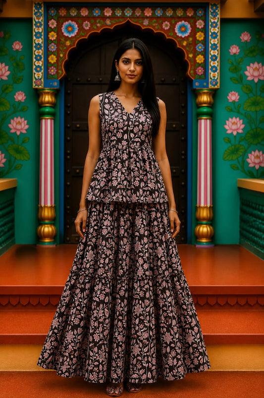 Raat Rani Bagru hand-block cotton pepulam top and skirt set