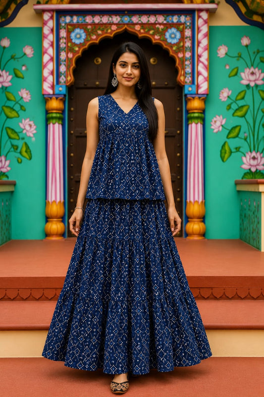 Sitara Bagru hand-block cotton pepulam top and skirt set