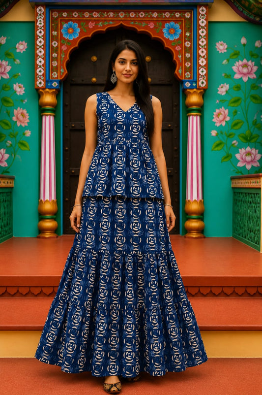 Surmayi · Bagru Hand-Block Cotton Pepulam Top & Skirt