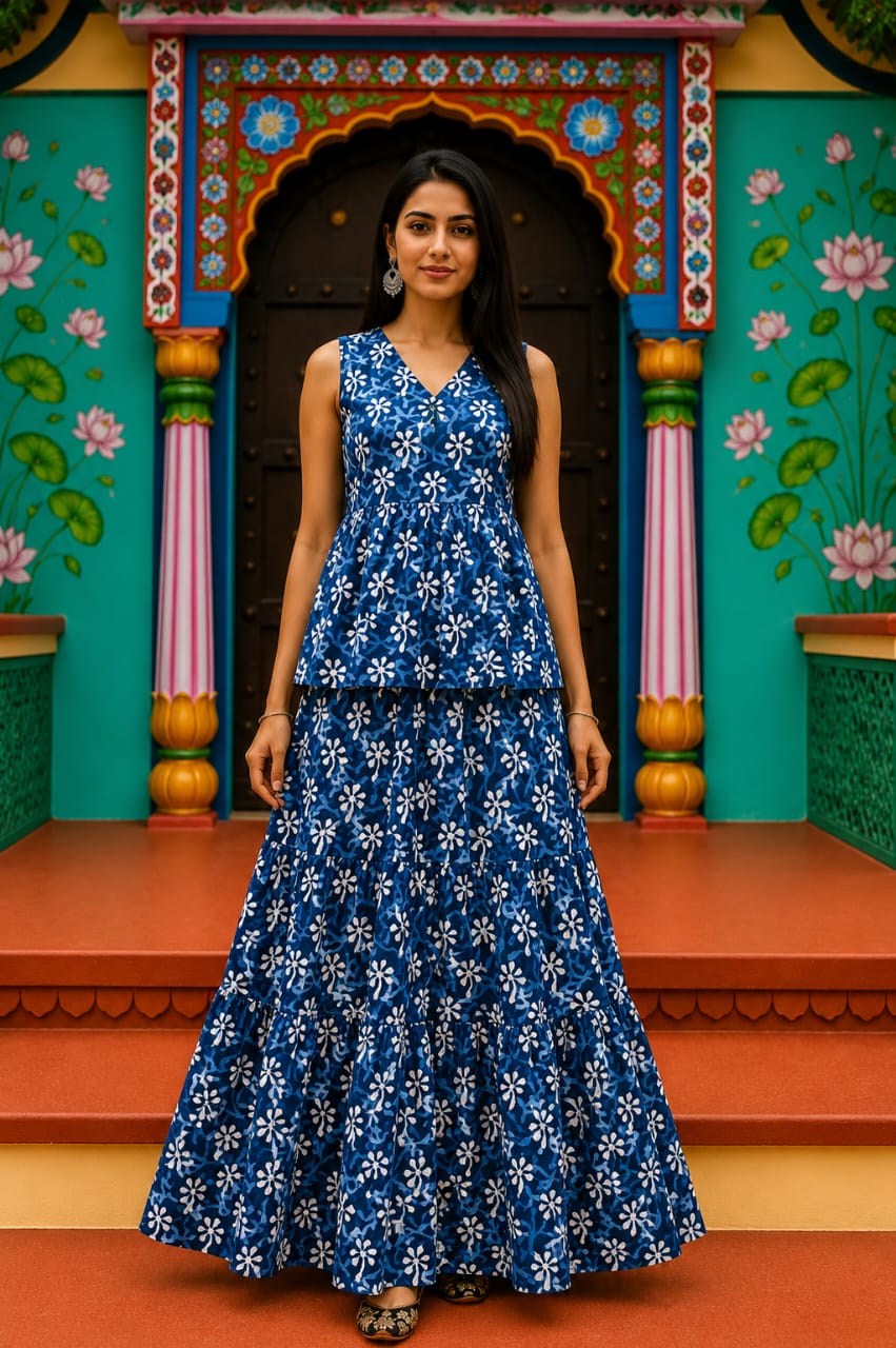 Tara Bagru hand-block cotton pepulam top and skirt set